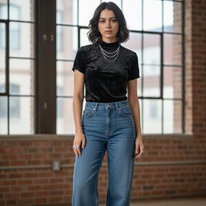 Goth Y2K Inspired Black Velvet Mock Neck Short Sleeve Top T-Shirt Size M